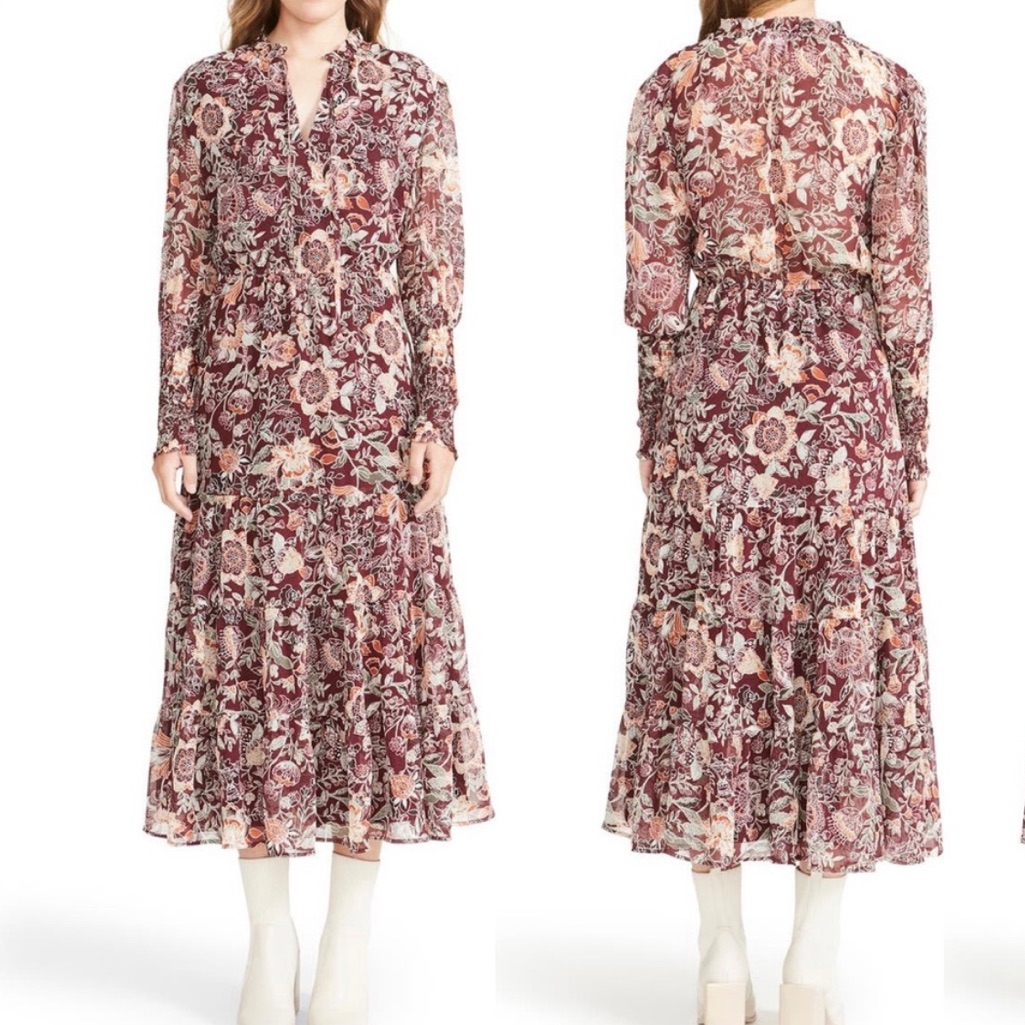 Bb Dakota Long Sleeve Fancy That Floral Maroon Midi Dress | Xs